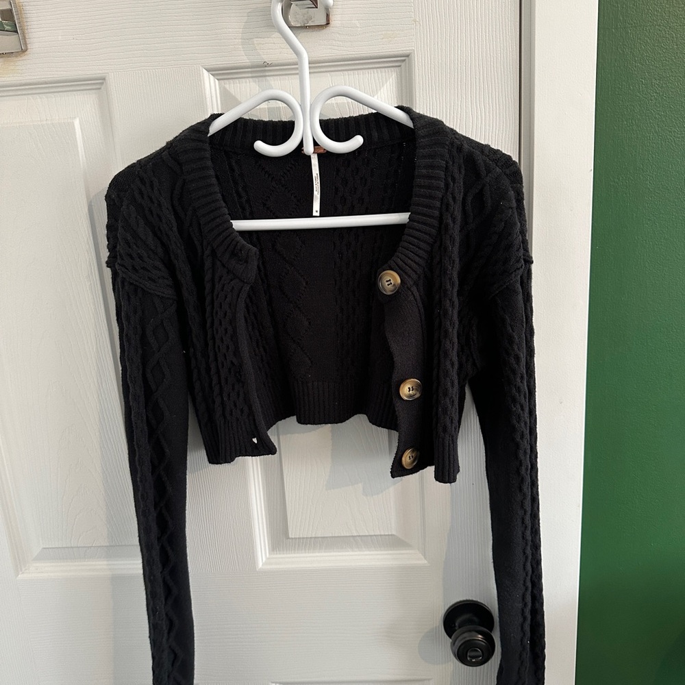 Free People Cropped Black Cable Knit Cardigan